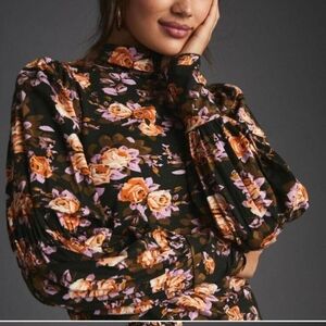 Anthropologie Black and Orange Mandarin Collar Blouse